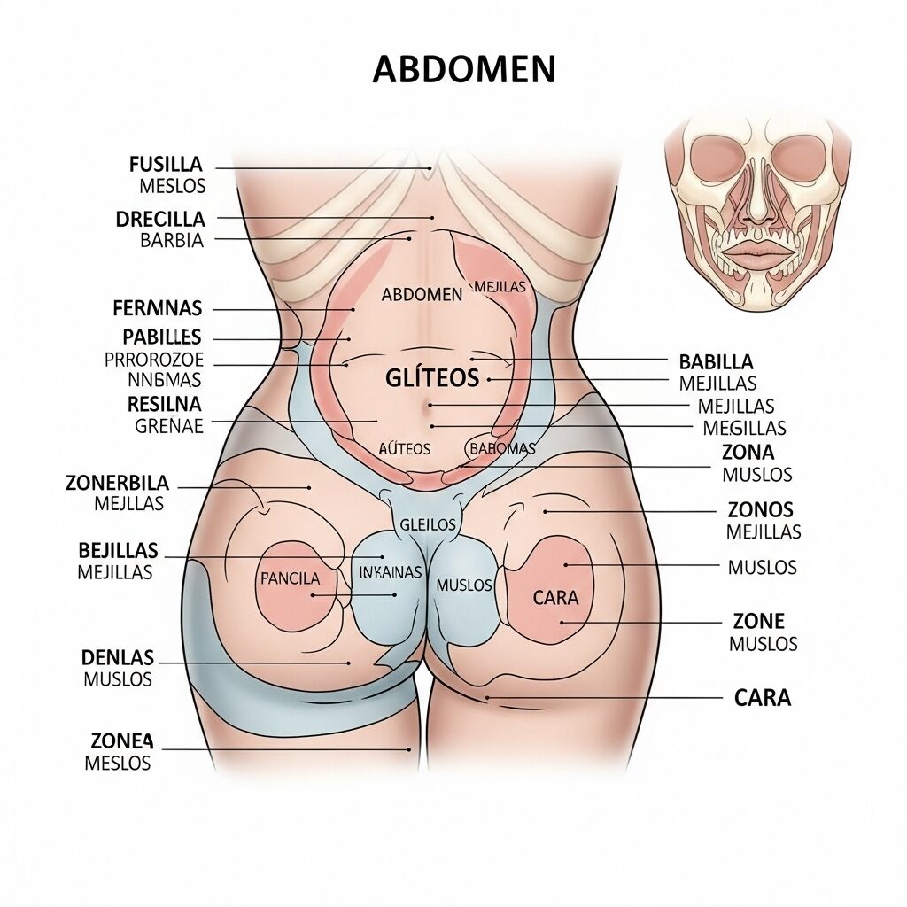 Mapa de zonas corporales para tratamientos estéticos: abdomen, glúteos, rostro